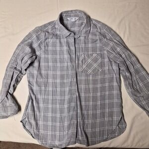 Old Navy The Classic Shirt‎ Womens Large Gray White Plaid Flannel Button Down L
